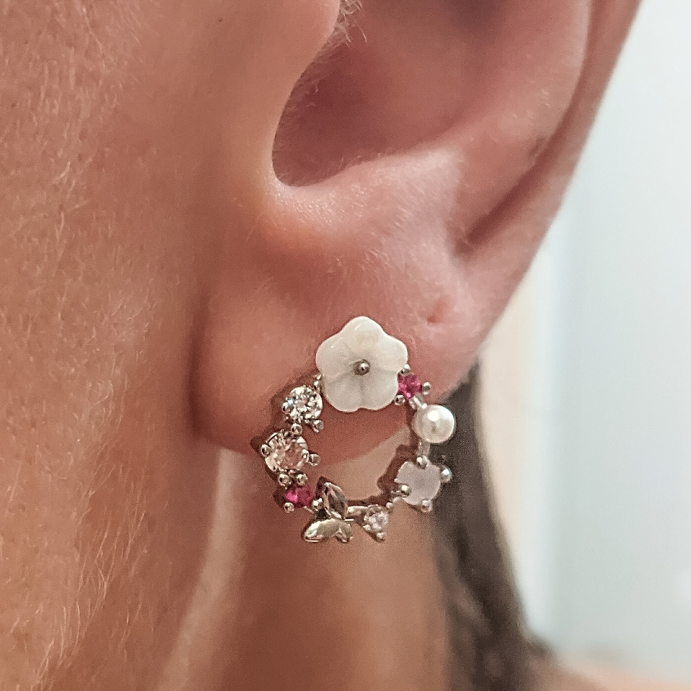 14k Gold or 925 Sterling Silver Hibiscus Pearl & Rose Quartz Butterfly Earrings - Picture 8 of 9